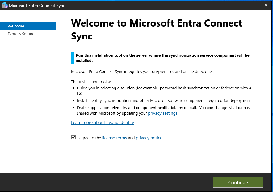 Microsoft Entra Connect Sync installer welcome screen on DC01 with the agree and continue button